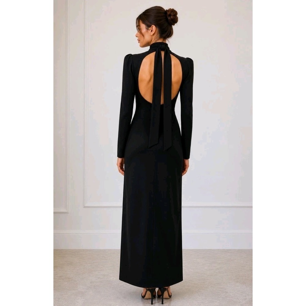 NWT BCBGMAXAZRIA Black Open Back Maxi Gown Dress Formal High Neck Side Slit US 2 - Picture 2 of 16